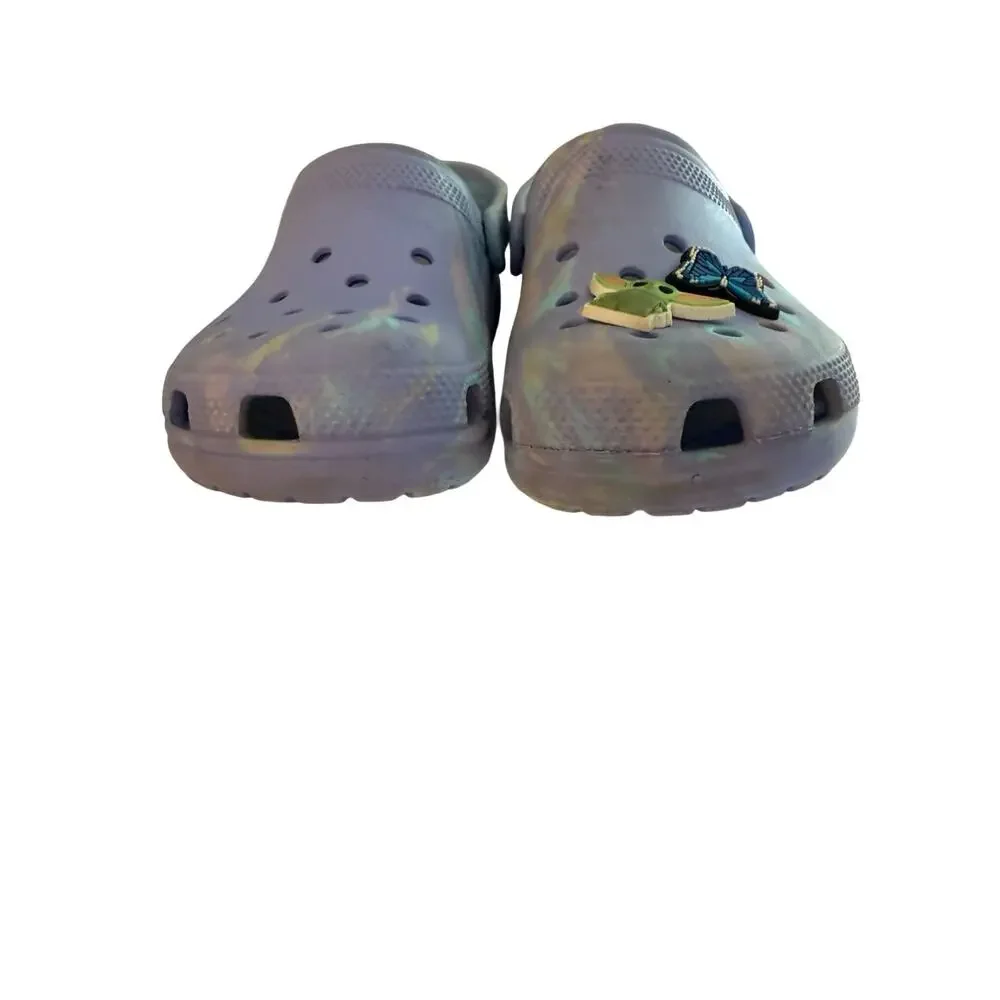 CROCS Kids J2 Purple Tie Dye Classic Clogs Butterfly Baby Yoda Jibbitz Youth